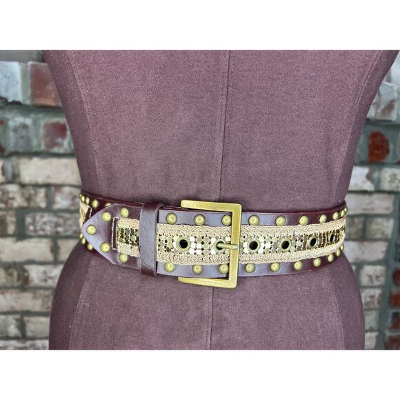 belt y2k leather studded crochet boho brown brass - Picture 1 of 10